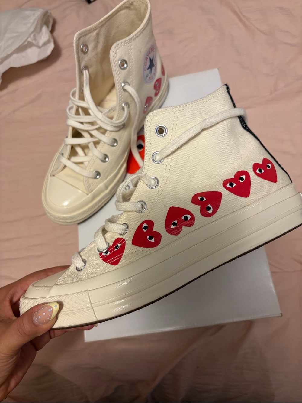 Converse High-Top Sneakers in Cream with Red Heart Motif